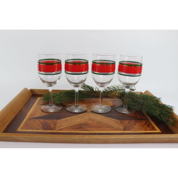 Vintage Holiday Wine Glasses Set Of 4 With Red & Green Stripe Design 7 Oz Clear - Picture 5 of 5